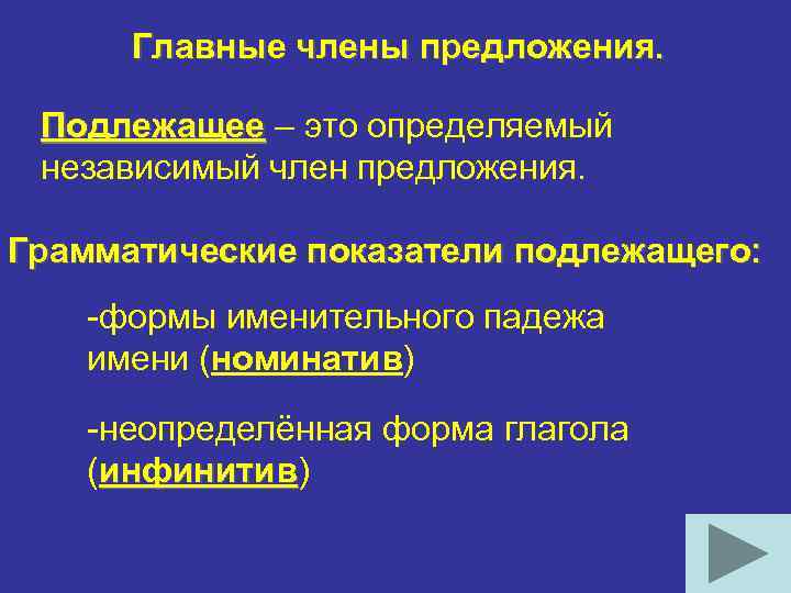 Главные члены предложения. Подлежащее – это определяемый независимый член предложения. Грамматические показатели подлежащего: -формы