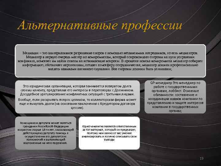 Альтернативные профессии Медиация – это альтернативное разрешение споров с помощью независимых посредников, то есть