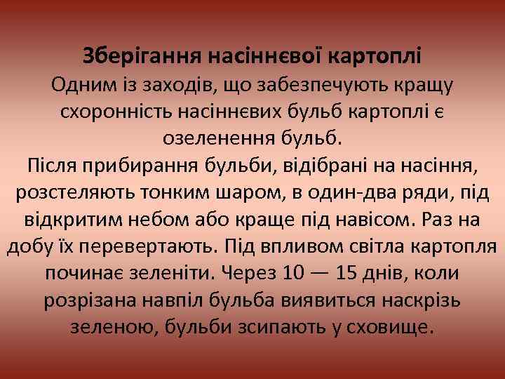 Зберігання насіннєвої картоплі Одним із заходів, що забезпечують кращу схоронність насіннєвих бульб картоплі є