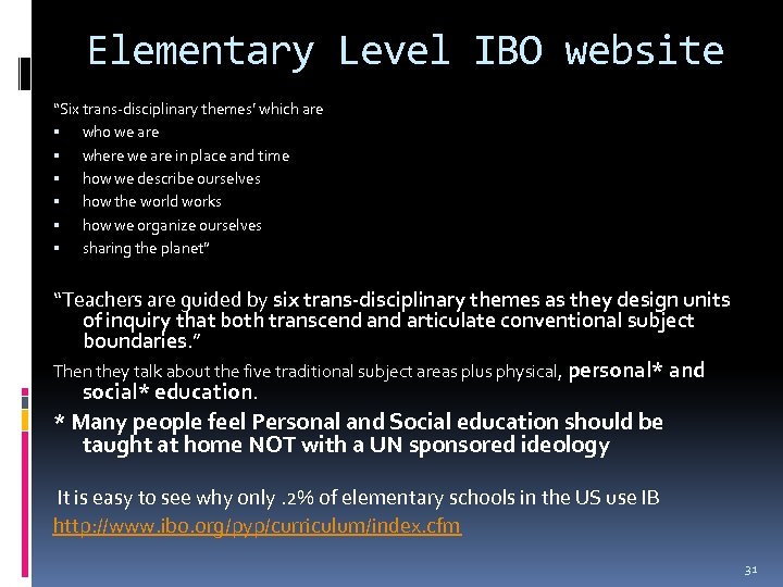 Elementary Level IBO website “Six trans-disciplinary themes’ which are who we are where we