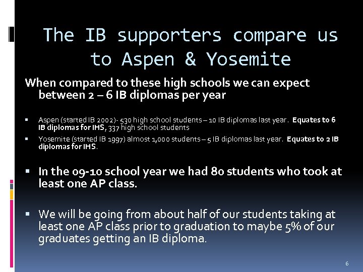 The IB supporters compare us to Aspen & Yosemite When compared to these high