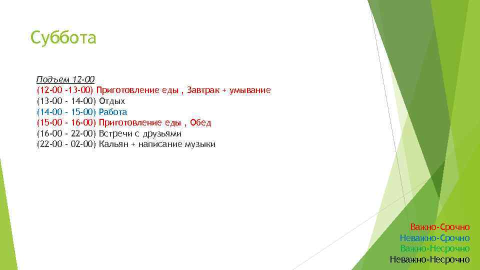 Суббота Подъем 12 -00 (12 -00 -13 -00) Приготовление еды , Завтрак + умывание