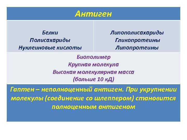 Антиген Белки Полисахариды Нуклеиновые кислоты Липополисахариды Гликопротеины Липопротеины • Нуклеопротеины Биополимер Крупная молекула Высокая