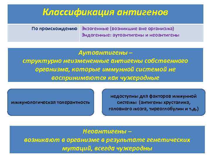 Классификация антигенов По происхождению Экзогенные (возникшие вне организма) Эндогенные: аутоантигены и неоантигены Аутоантигены –