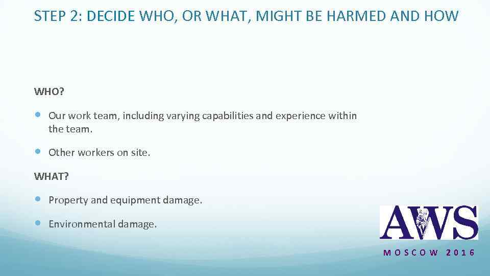 STEP 2: DECIDE WHO, OR WHAT, MIGHT BE HARMED AND HOW WHO? Our work