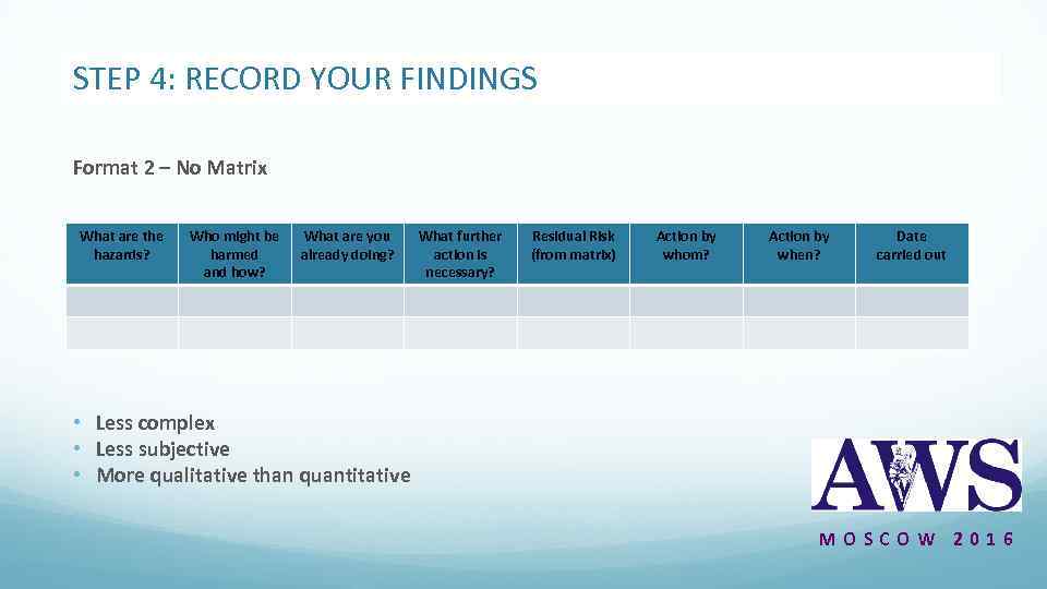 STEP 4: RECORD YOUR FINDINGS Format 2 – No Matrix What are the hazards?