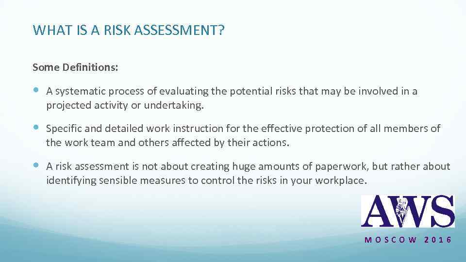 WHAT IS A RISK ASSESSMENT? Some Definitions: A systematic process of evaluating the potential