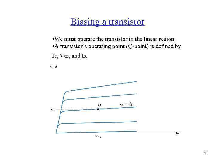 Biasing a transistor • We must operate the transistor in the linear region. •