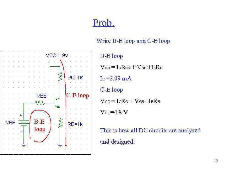 Prob. Write B-E loop and C-E loop B-E loop VBB = IBRBB + VBE