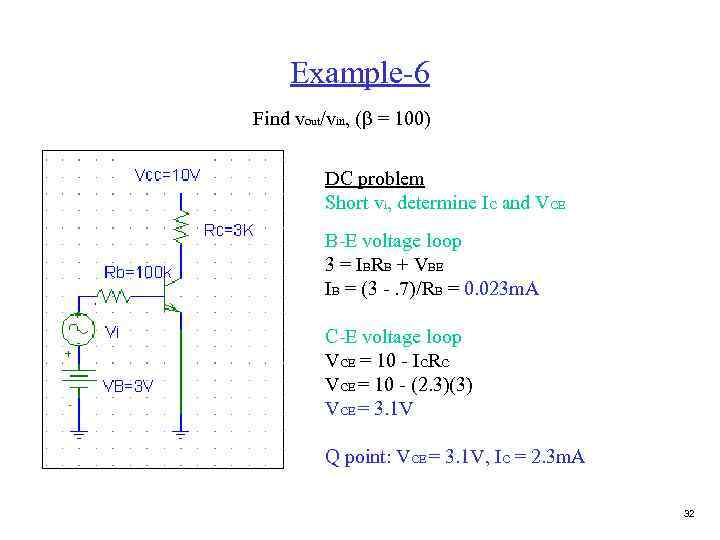 Example-6 Find vout/vin, (b = 100) DC problem Short vi, determine IC and VCE