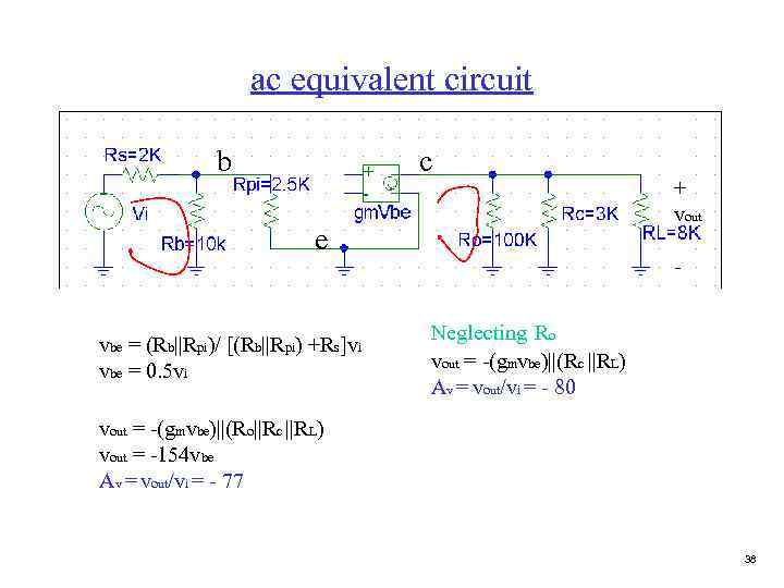 ac equivalent circuit b c e vbe = (Rb||Rpi)/ [(Rb||Rpi) +Rs]vi vbe = 0.