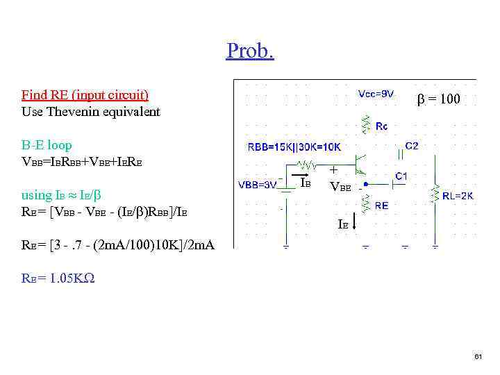Prob. Find RE (input circuit) Use Thevenin equivalent b = 100 B-E loop VBB=IBRBB+VBE+IERE