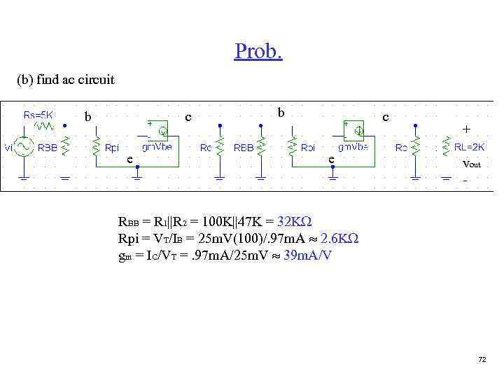 Prob. (b) find ac circuit b c e + RL=2 K vout - RBB