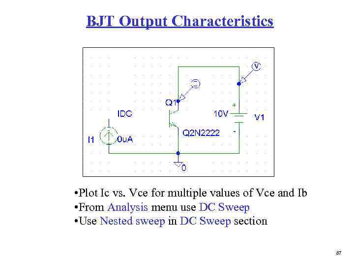 BJT Output Characteristics • Plot Ic vs. Vce for multiple values of Vce and