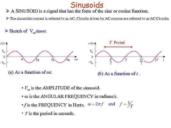 Sinusoids Ø A SINUSOID is a signal that has the form of the sine