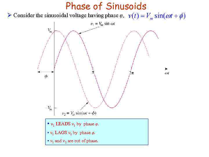 Phase of Sinusoids Ø Consider the sinusoidal voltage having phase φ, • v 2