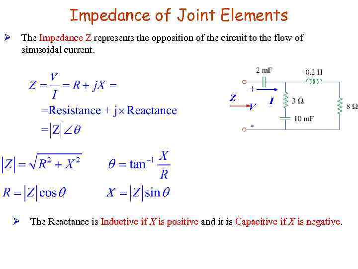 Impedance of Joint Elements Ø The Impedance Z represents the opposition of the circuit