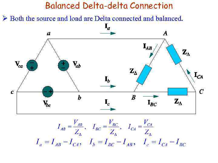 Balanced Delta-delta Connection Ø Both the source and load are Delta connected and balanced.