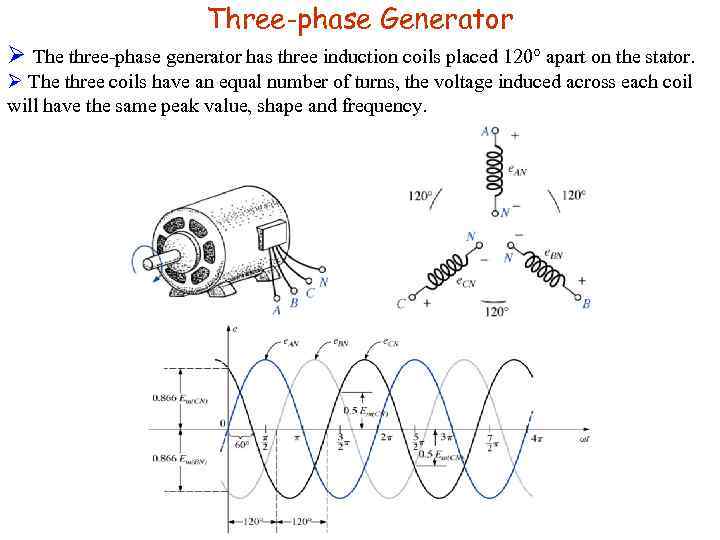 Three-phase Generator Ø The three-phase generator has three induction coils placed 120° apart on