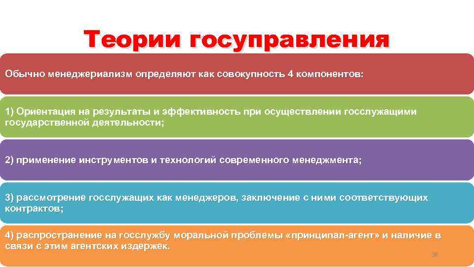Теории госуправления Обычно менеджериализм определяют как совокупность 4 компонентов: 1) Ориентация на результаты и