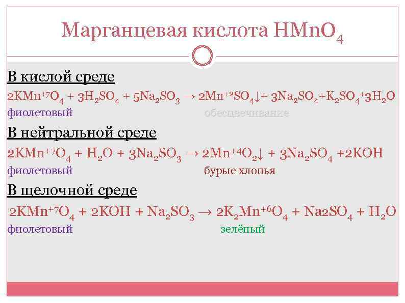 Марганцевая кислота НMn. О 4 В кислой среде 2 KMn+7 O 4 + 3