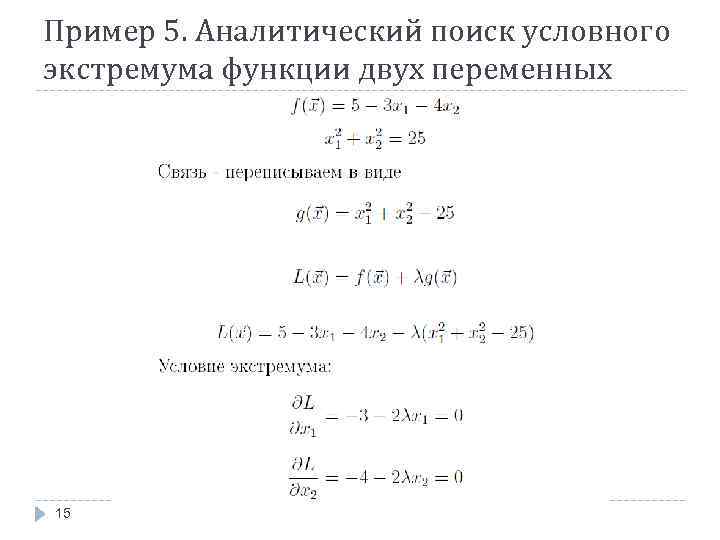 Пример 5. Аналитический поиск условного экстремума функции двух переменных 15 