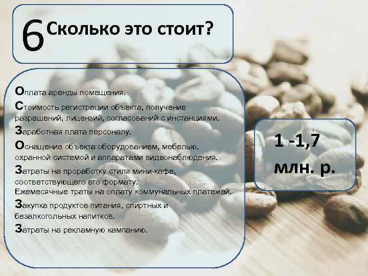 6 Сколько это стоит? Оплата аренды помещения. Стоимость регистрации объекта, получение разрешений, лицензий, согласований
