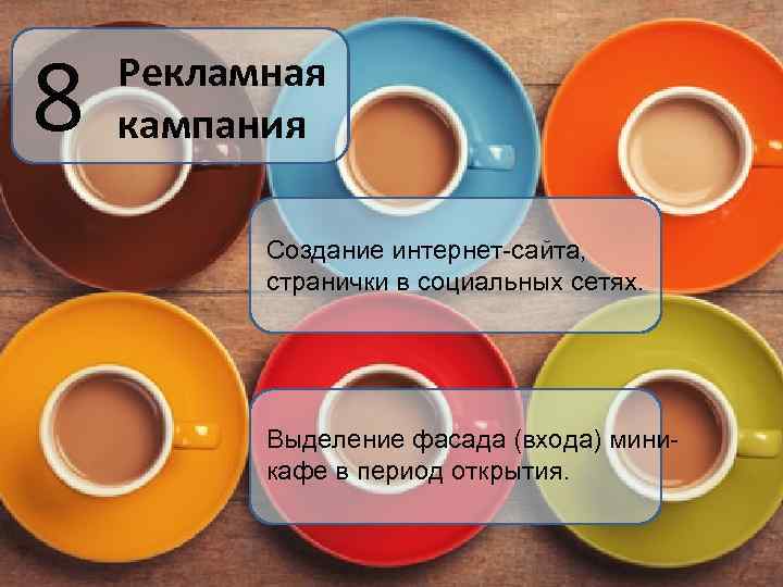 8 Рекламная кампания Создание интернет-сайта, странички в социальных сетях. Выделение фасада (входа) миникафе в