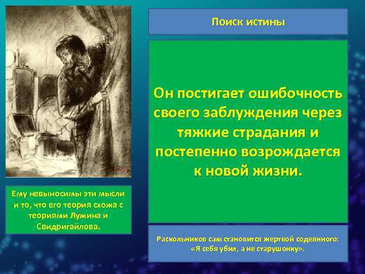 Поиск истины Теория Раскольникова делит людей на «слабых» и «сильных» . Родиона мучает вопрос,