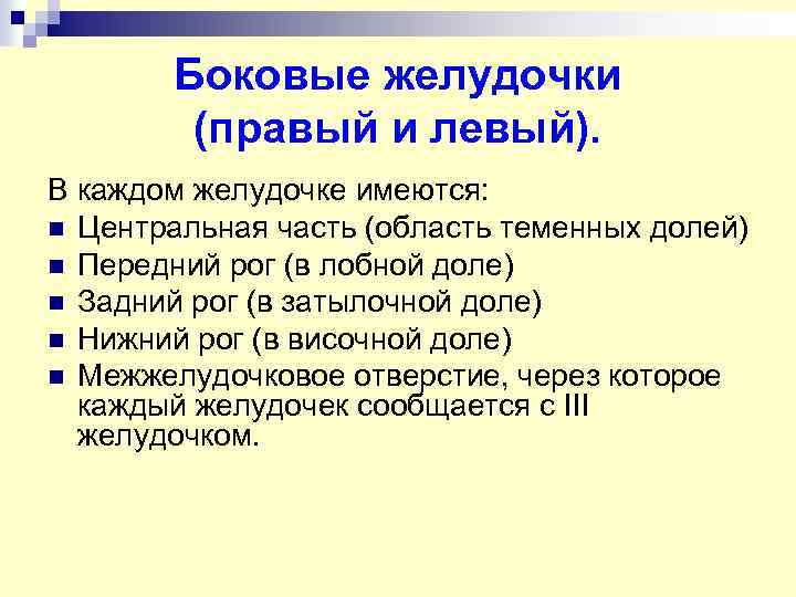 Боковые желудочки (правый и левый). В каждом желудочке имеются: n Центральная часть (область теменных