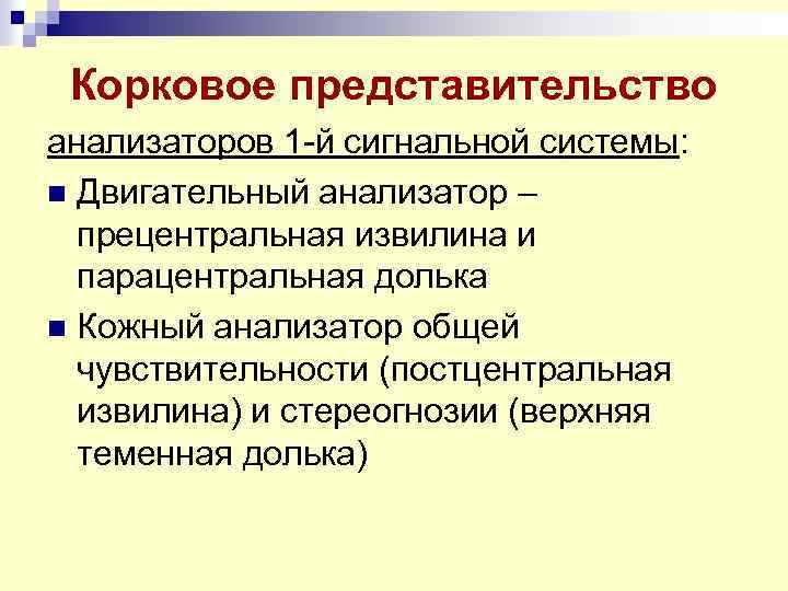 Корковое представительство анализаторов 1 -й сигнальной системы: n Двигательный анализатор – прецентральная извилина и