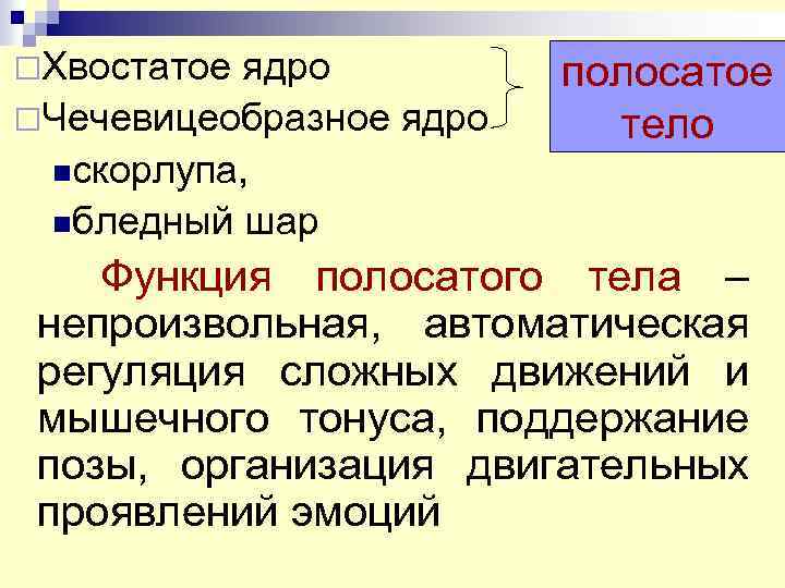 ¨Хвостатое ядро ¨Чечевицеобразное ядро nскорлупа, nбледный шар полосатое тело Функция полосатого тела – непроизвольная,