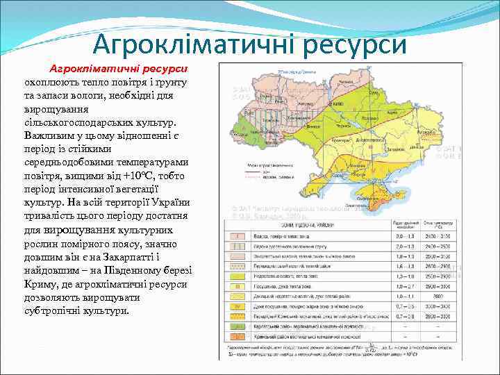 Агрокліматичні ресурси охоплюють тепло повітря і ґрунту та запаси вологи, необхідні для вирощування сільськогосподарських