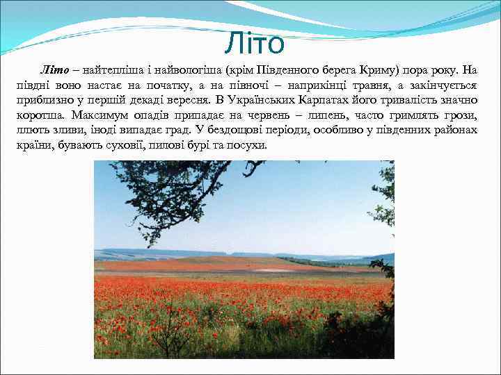 Літо – найтепліша і найвологіша (крім Південного берега Криму) пора року. На півдні воно