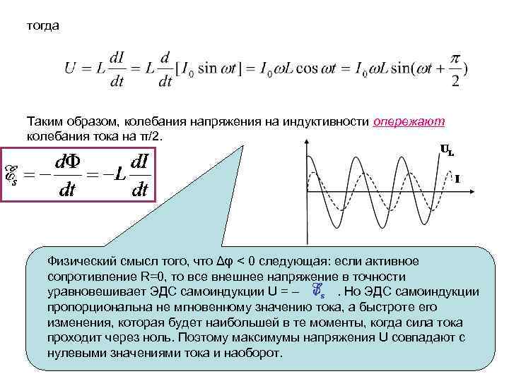 тогда Таким образом, колебания напряжения на индуктивности опережают колебания тока на π/2. Физический смысл