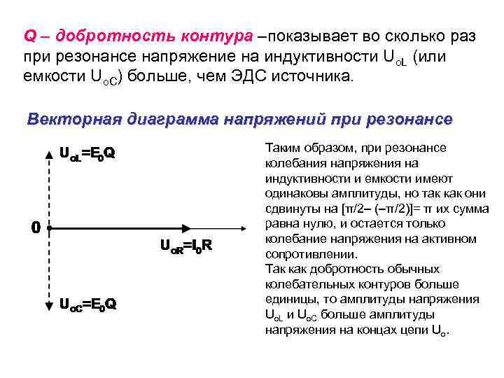 Q – добротность контура –показывает во сколько раз при резонансе напряжение на индуктивности Uo.