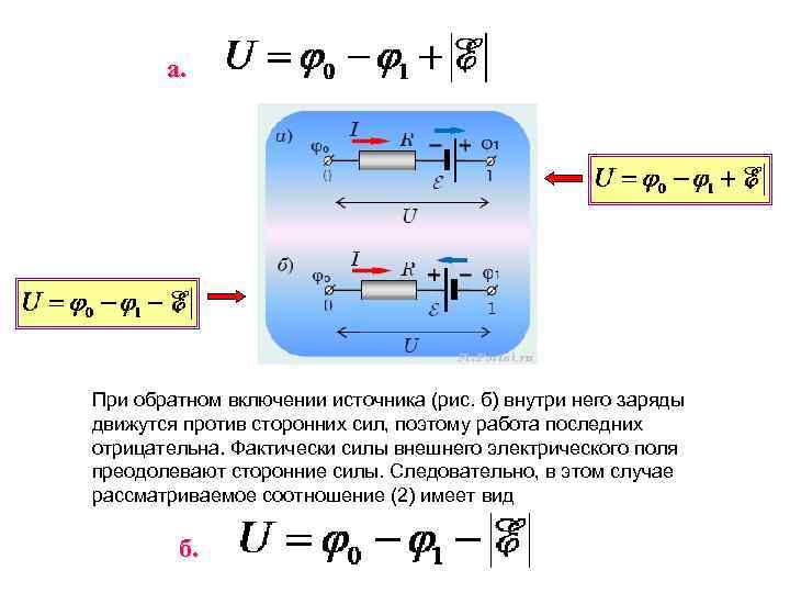 а. При обратном включении источника (рис. б) внутри него заряды движутся против сторонних сил,