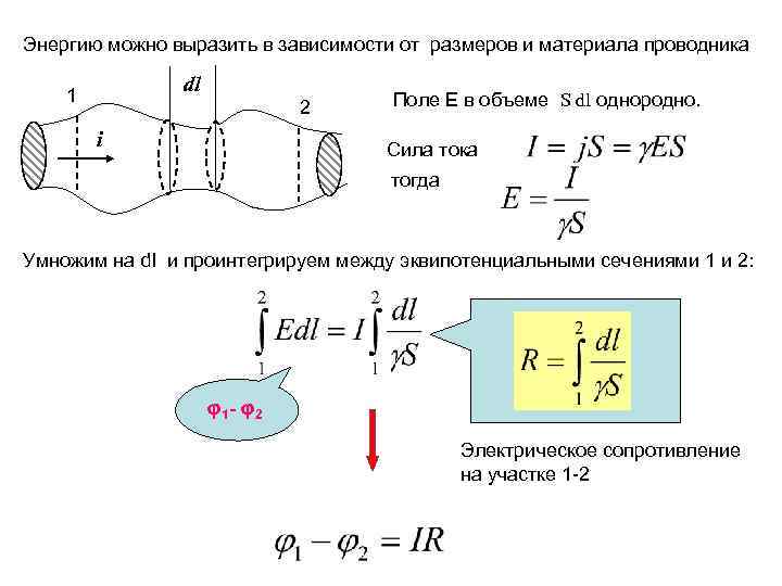 Энергию можно выразить в зависимости от размеров и материала проводника dl 1 2 i