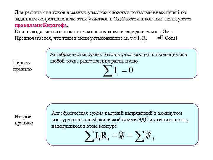 Для расчета сил токов в разных участках сложных разветвленных цепей по заданным сопротивлениям этих