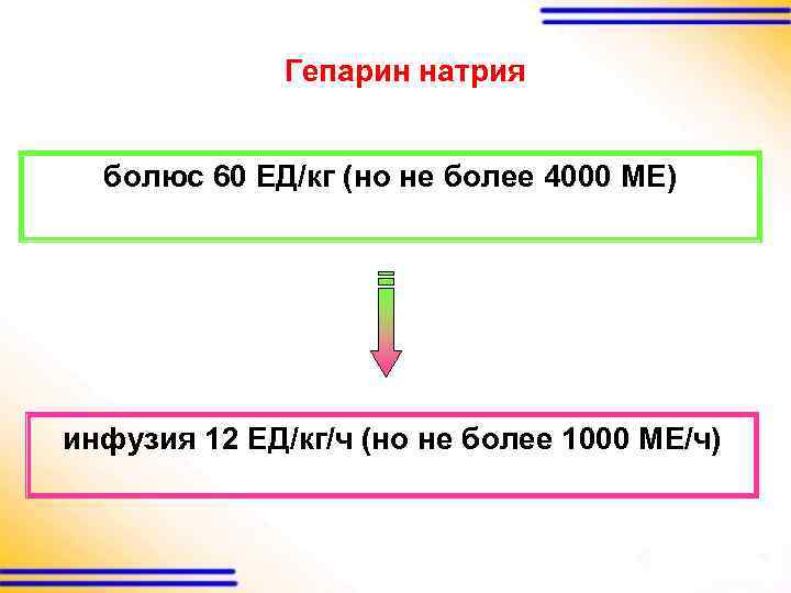 Гепарин натрия болюс 60 ЕД/кг (но не более 4000 МЕ) инфузия 12 ЕД/кг/ч (но
