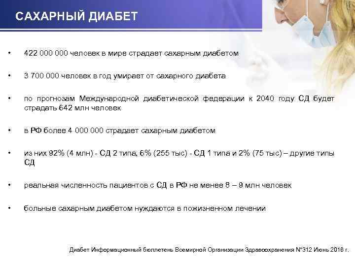 САХАРНЫЙ ДИАБЕТ • 422 000 человек в мире страдает сахарным диабетом • 3 700