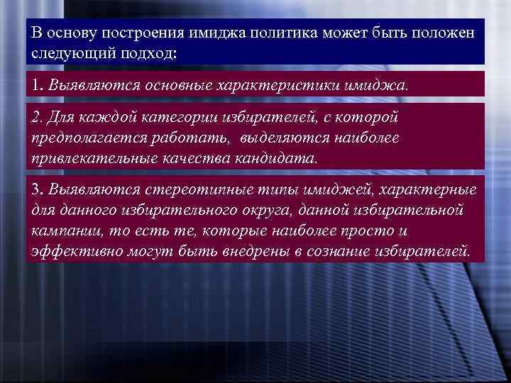 В основу построения имиджа политика может быть положен следующий подход: 1. Выявляются основные характеристики