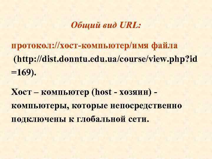 Общий вид URL: протокол: //хост-компьютер/имя файла (http: //dist. donntu. edu. ua/course/view. php? id =169).