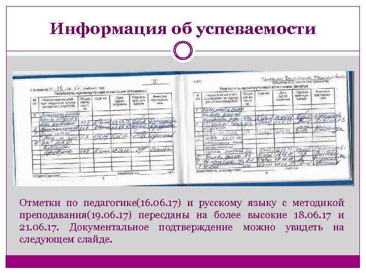 Информация об успеваемости Отметки по педагогике(16. 06. 17) и русскому языку с методикой преподавания(19.