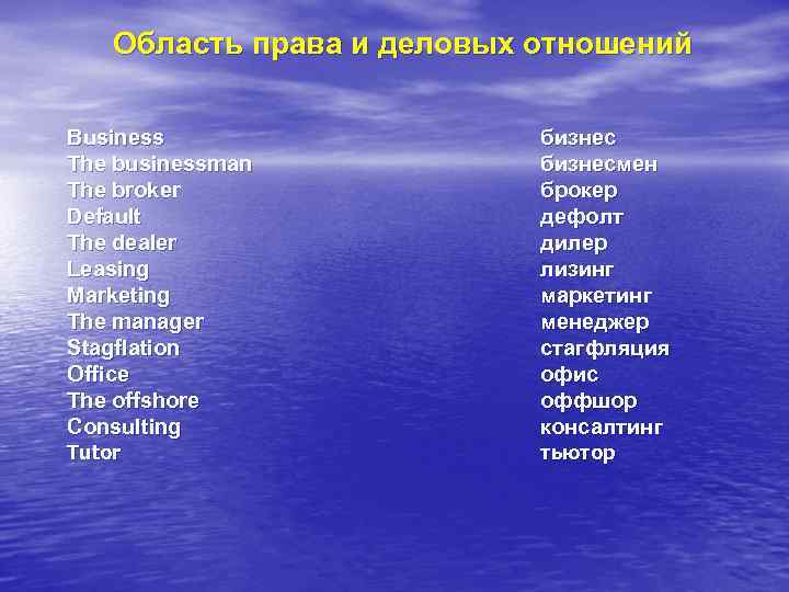 Область права и деловых отношений Business The businessman The broker Default The dealer Leasing