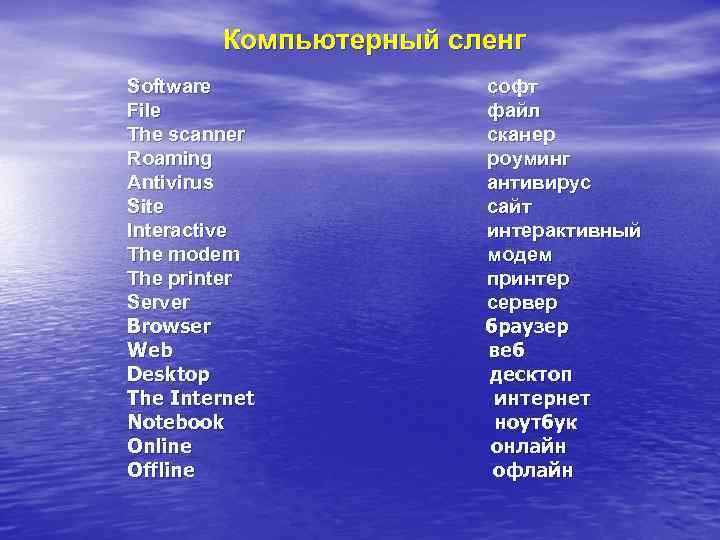 Компьютерный сленг Software File The scanner Roaming Antivirus Site Interactive The modem The printer