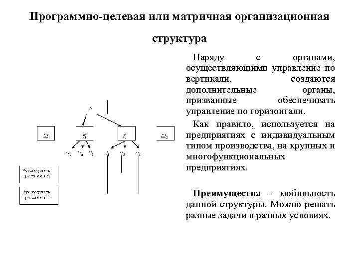 Программно-целевая или матричная организационная структура Наряду с органами, осуществляющими управление по вертикали, создаются дополнительные