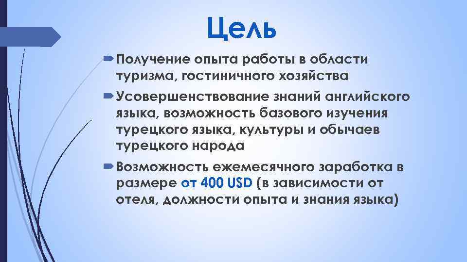 Цель Получение опыта работы в области туризма, гостиничного хозяйства Усовершенствование знаний английского языка, возможность