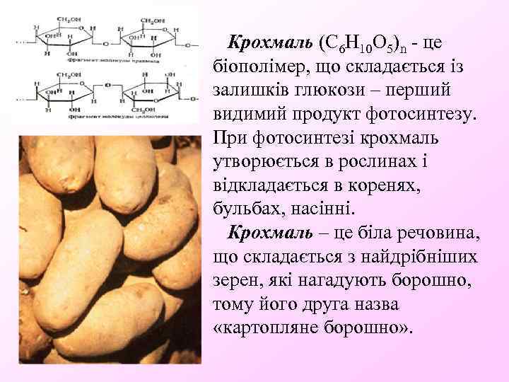 Крохмаль (C 6 Н 10 О 5)n - це біополімер, що складається із залишків