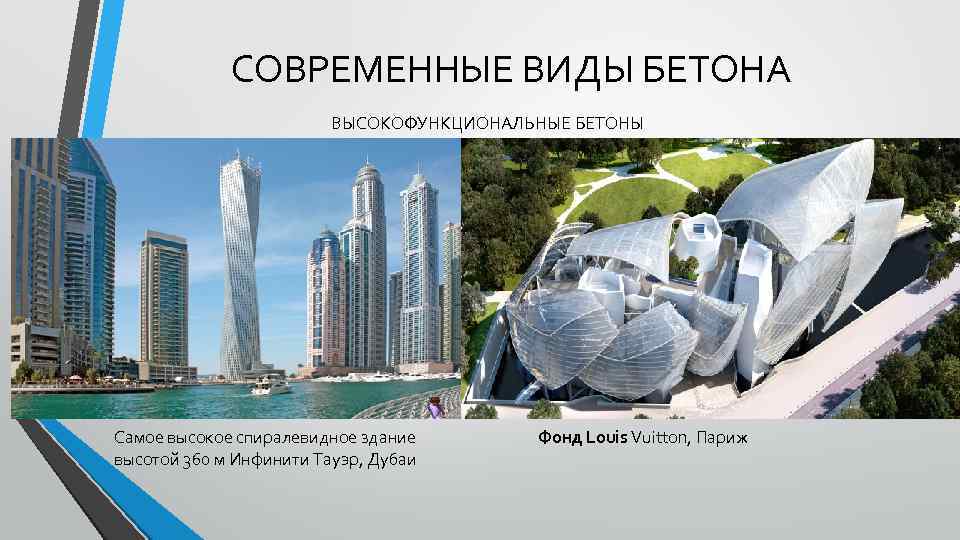 СОВРЕМЕННЫЕ ВИДЫ БЕТОНА ВЫСОКОФУНКЦИОНАЛЬНЫЕ БЕТОНЫ Самое высокое спиралевидное здание высотой 360 м Инфинити Тауэр,